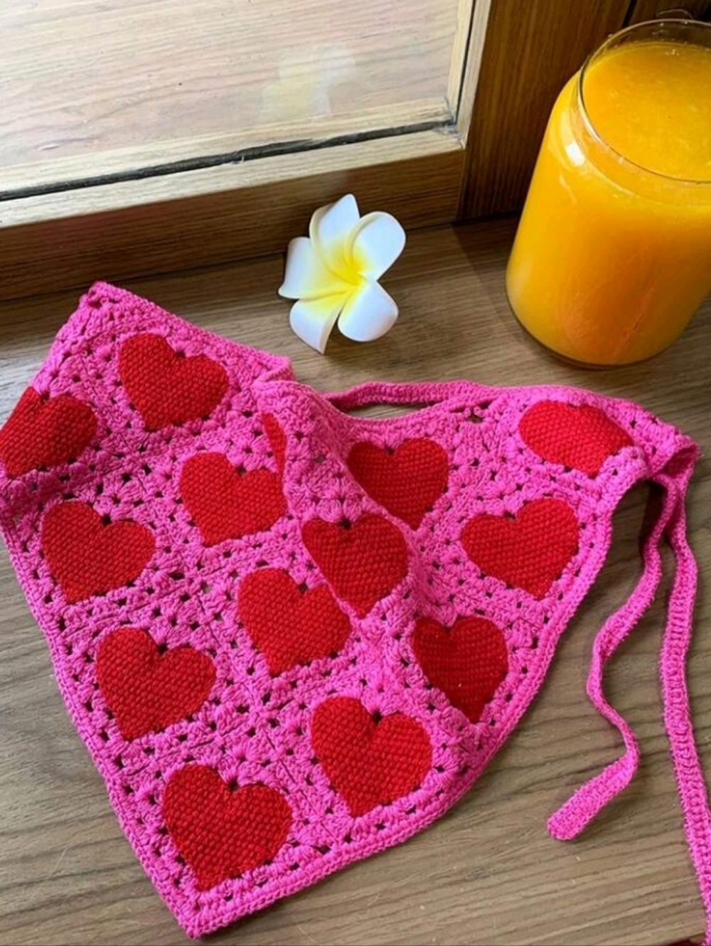 Pink Crochet Triangle Bandana Hair Scarf with Red Hearts